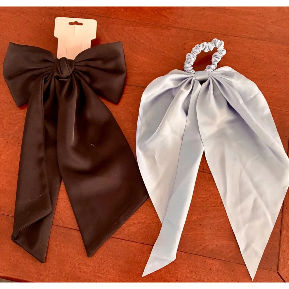 Satin Oversized Hair Bow Barrette & Scarf Scrunchie Set Black Light Blue 2pc‎